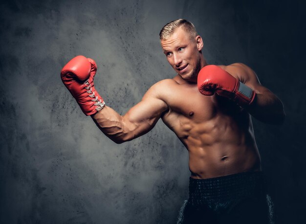 Shirtless kick boxer showing his punches and kicks over grey background in a studio.