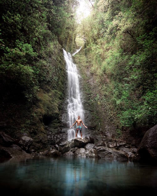 Shirtless man standing on rocks near a beautiful waterfall with a lake and greenery