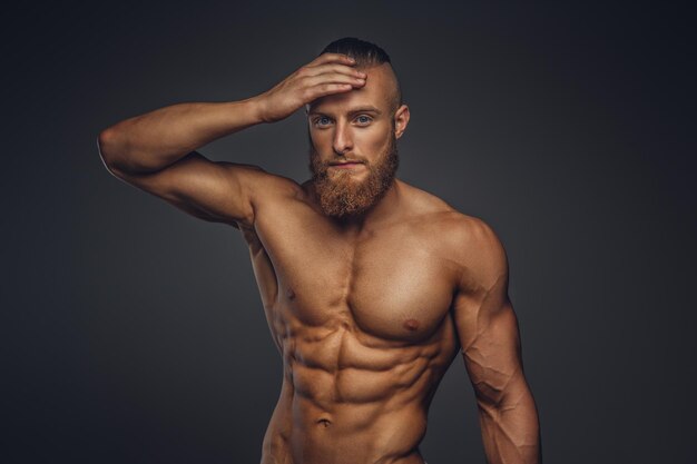 Shirtless sporty bearded male isolated on a grey background.