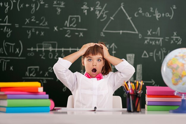 Shocked cute pupil in classroom