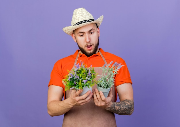 Shocked male gardener wearing gardening hat holds and looks at flowerpots 