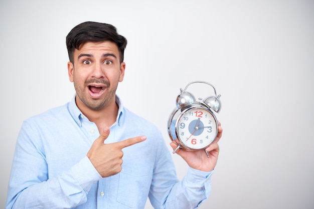 Shocked man with alarm clock