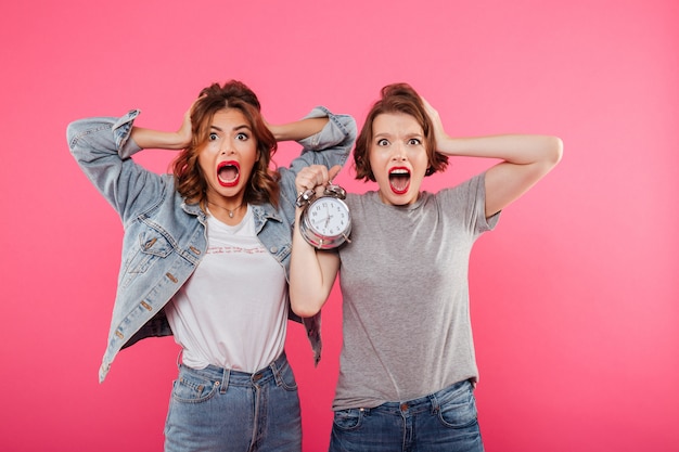 Shocked women friends holding alarm.