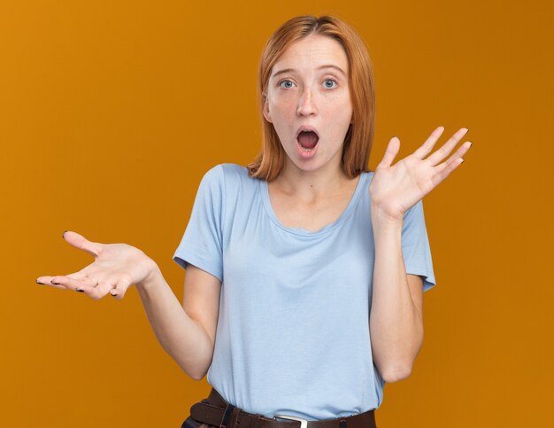 Shocked young redhead ginger girl with freckles holds hands open