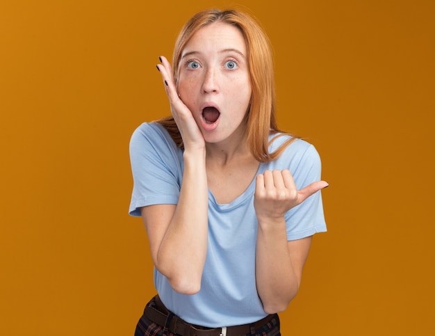 Free photo shocked young redhead ginger girl with freckles puts hand on face and points at side isolated on orange wall with copy space