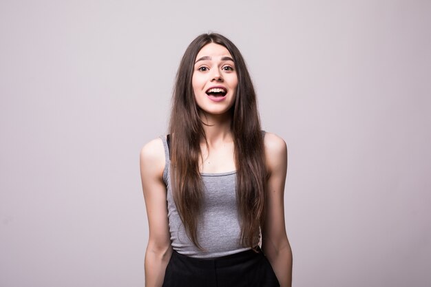 Shocked young woman looking with mouth open. Isolated on grey