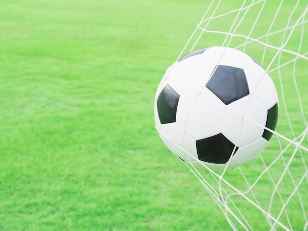 Shooting shot, football in goal net with green grass field background