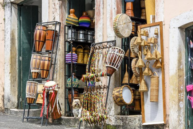 Shop with musical instruments on the streets of Pelourinho in the city of Salvador Bahia