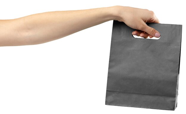 Shopping bag female hand holding shopping bag on white