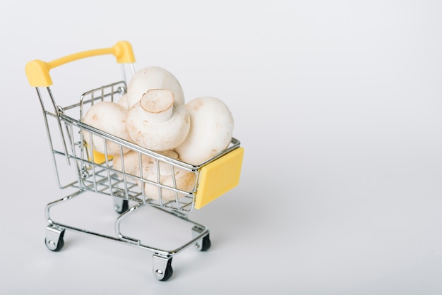 Shopping cart full of mushrooms on white background