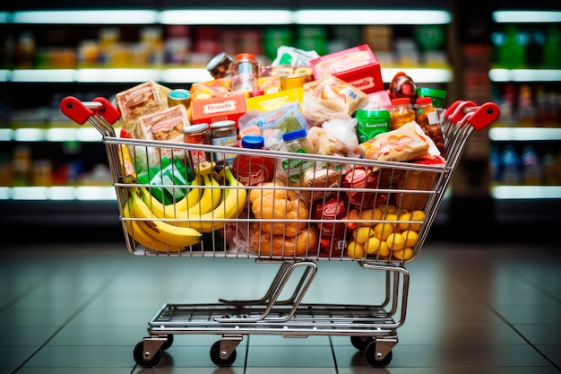 shopping cart full of products inside a supermarket