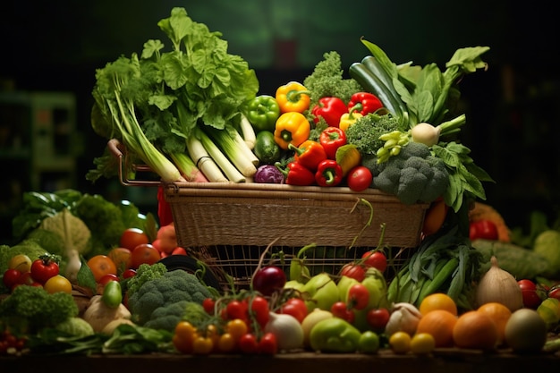 Free photo a shopping cart full with groceries dark backgrounds