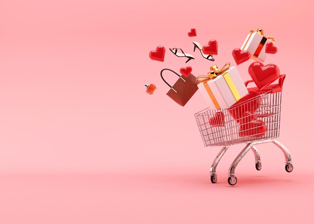 쇼핑 카트, 선물 상자가 있는 트롤리, 하트, 신발, 향수, 분홍색 배경의 가방, 텍스트를 위한 여유 공간, 복사 공간. 발렌타인 데이, 판매. 3d 그림입니다.