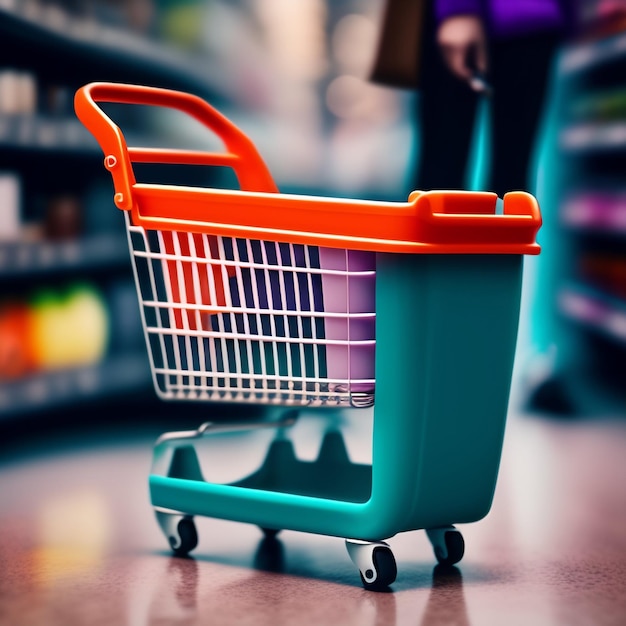 Free photo a shopping cart with a blue handle and orange handles sits in a store aisle.