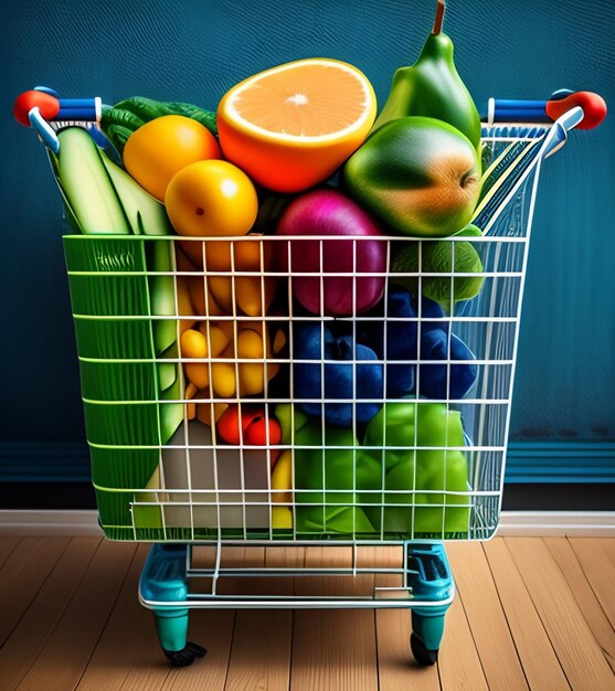 A shopping cart with fruits and vegetables on it