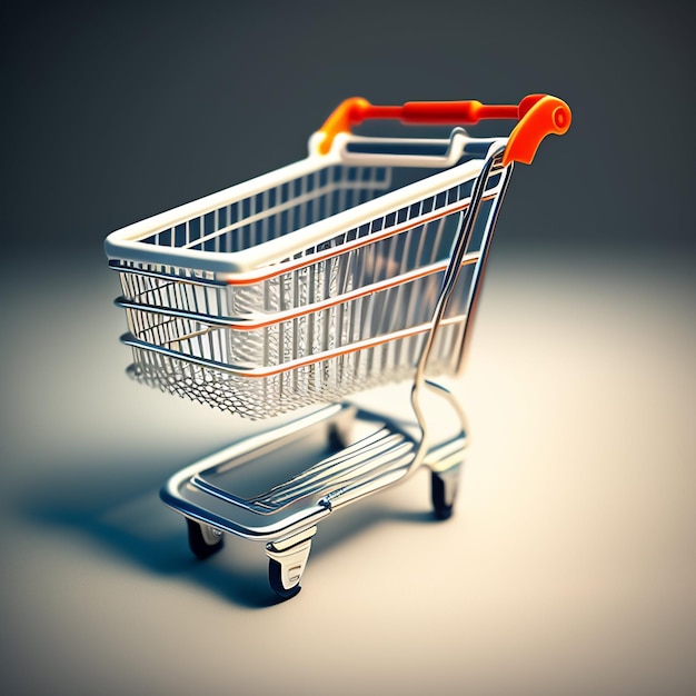 A shopping cart with an orange handle and a white background.