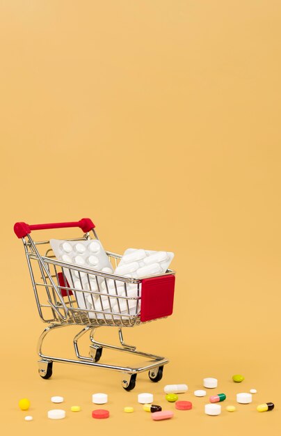 Shopping cart with pill foils and copy space