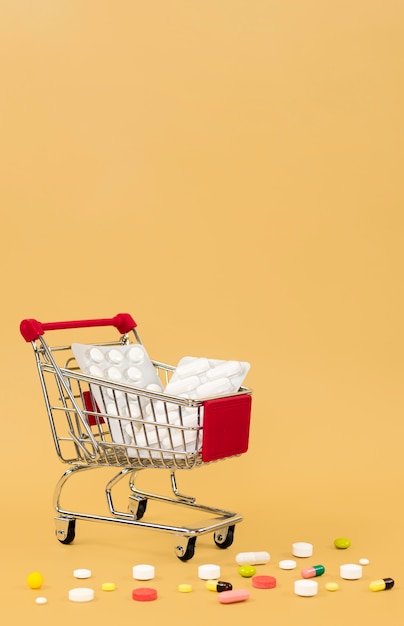 Shopping cart with pill foils and copy space