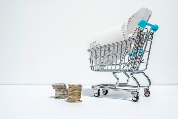 Shopping cart with purchased receipt and euro coins