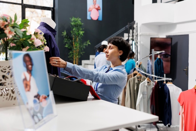 Foto gratuita lavoratrice di un centro commerciale che prepara il negozio per l'apertura, organizzando la merce di moda sul manichino. donna elegante in attesa che i clienti vengano a comprare vestiti e accessori alla moda