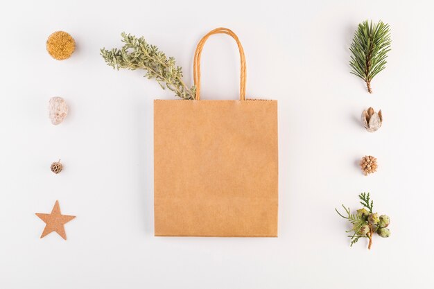 Shopping packet with coniferous branches and set of decorations