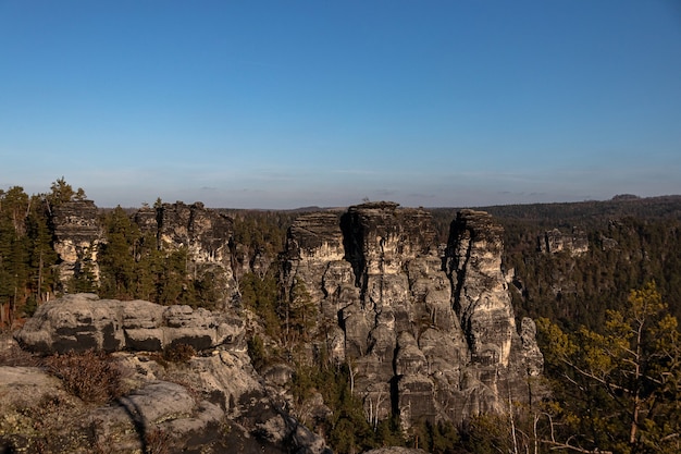 Shot of Bastei Bridge in Germany under a Clear Blue Sky