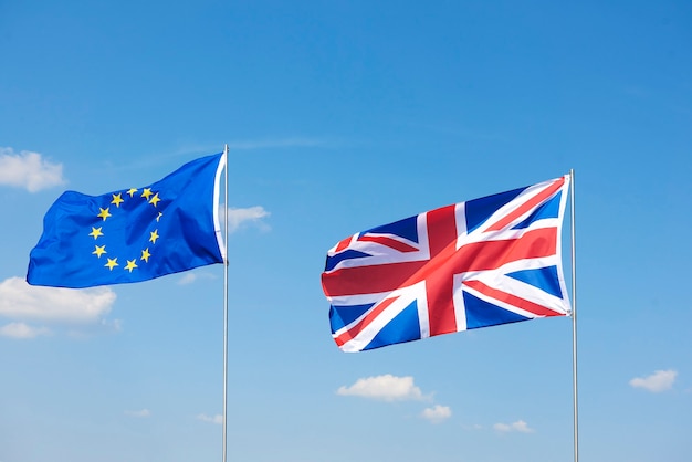 Free photo shot of brexit flags waving outside