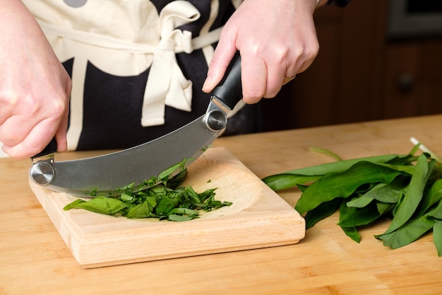 Colpo delle mani dello chef che tagliano le verdure