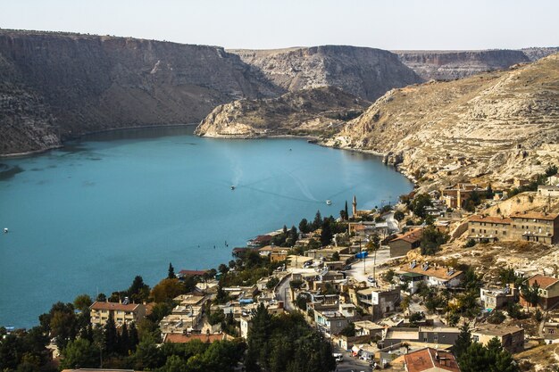 Shot of the lake in the middle of the mountains in Halfeti, Turkey