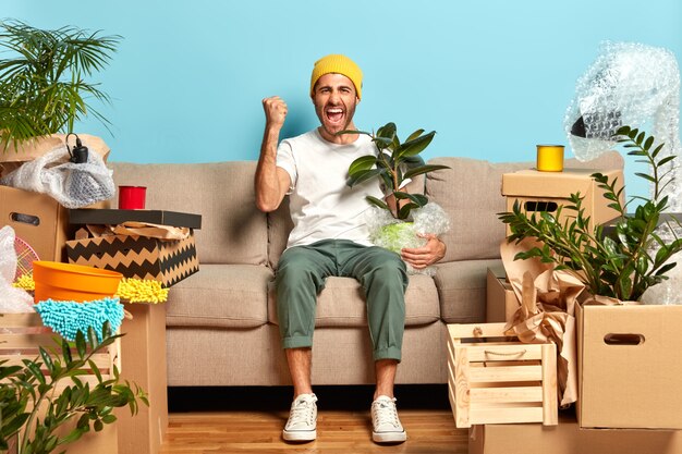 Shot of overjoyed guy clenches fist, poses at sofa, holds wrapped houseplant