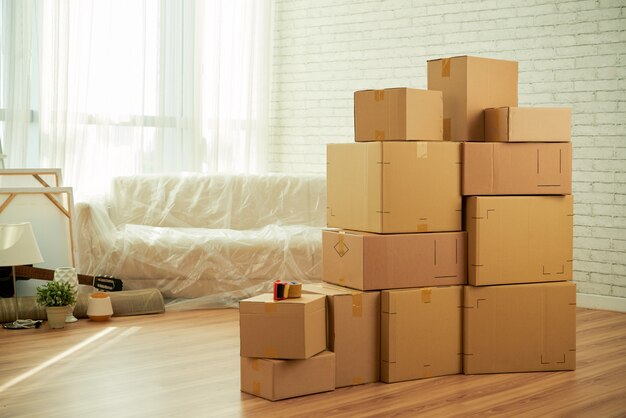 shot of room interior with package boxes standing in the middle and sofa covered with film