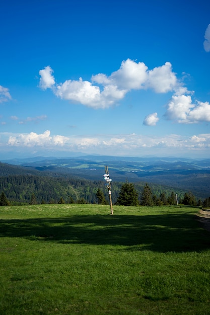 Shot of a sign post against a landscape of trees and hills