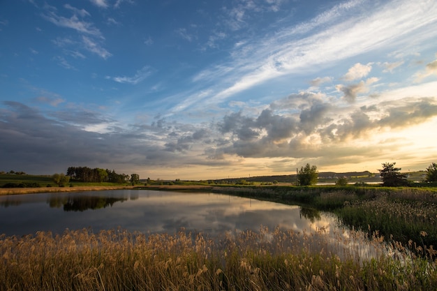 ポーランド、トチェフの日没時の牧草地にある小さな池のショット