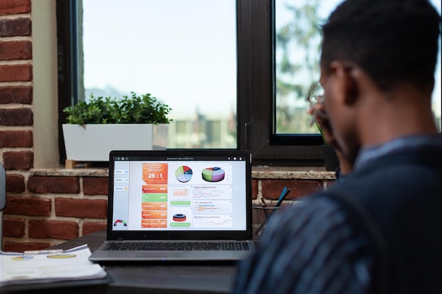 Over shoulder view of african american startup employee looking at laptop screen with business analytics charts sitting at desk. Close focus on portable computer display with sales results.