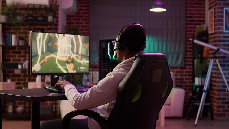 Free Photo over shoulder view of gamer streaming multiplayer first person shooter angry after losing online competition on gaming pc. african american playing internet action game unhappy after failing level.
