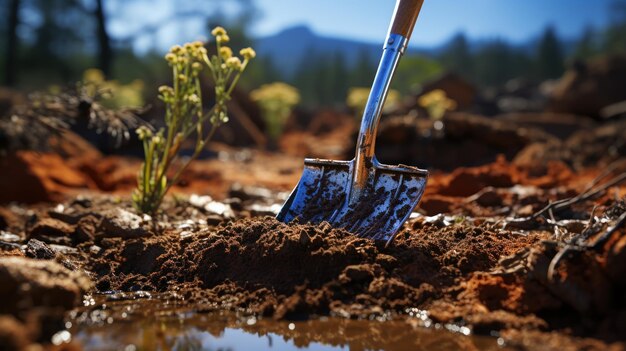 Foto gratuita una pala che entra nel terreno del giardino