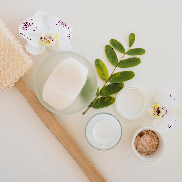 Shower accessories on white background