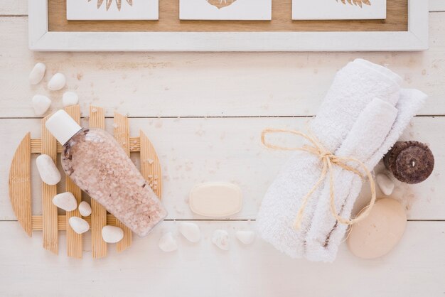 Shower tools placed on wooden table