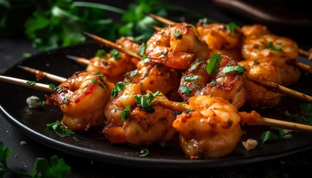 Free photo shrimp skewers on a plate with parsley on top