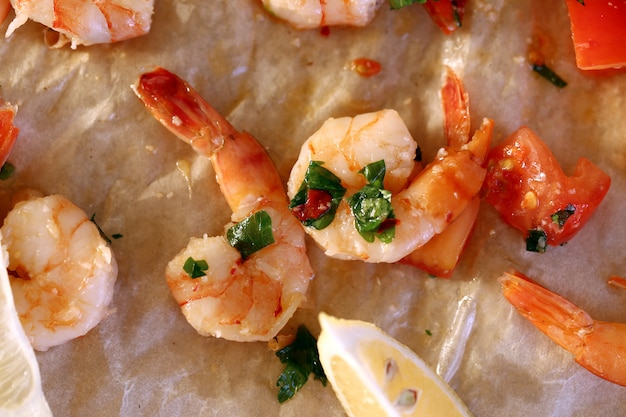 Shrimps. Heap of pink, raw shrimps on the table