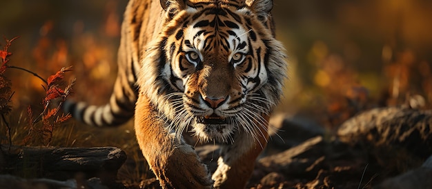 Сибирский тигр бежит по лесу. Сцена дикой природы с природы.