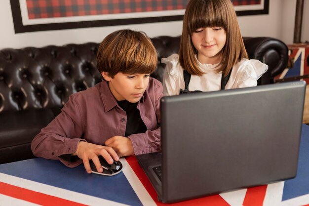 Siblings at home using laptop