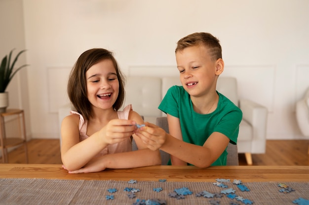 Siblings playing with brain teaser toys