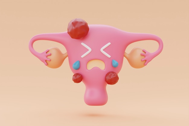 Sick cartoon ovary crying with peach background