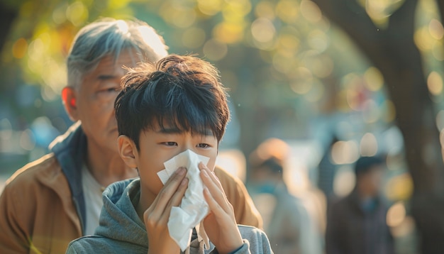 Free photo sick kid  blowing their snot into a tissue