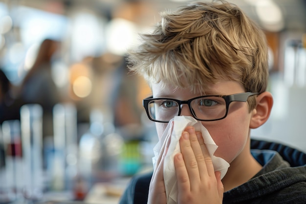 Free photo sick kid  blowing their snot into a tissue