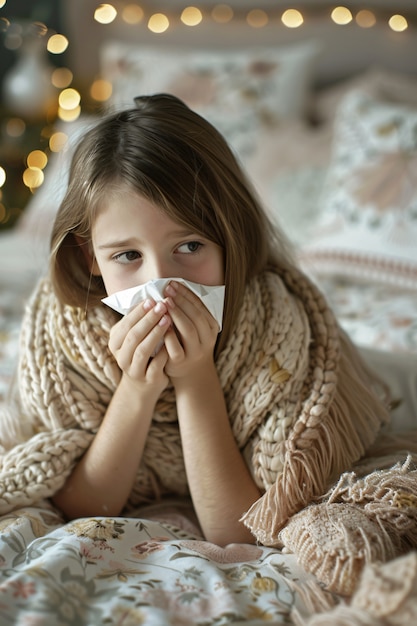 Free photo sick kid  blowing their snot into a tissue