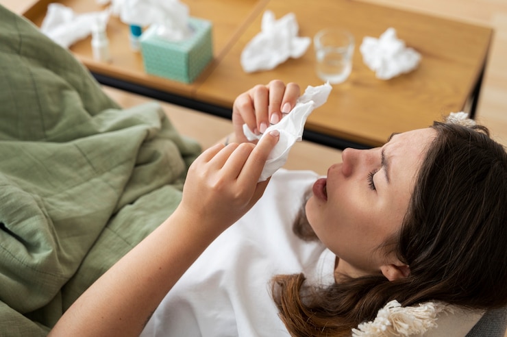 無料Photo 自宅のハイアングルで病気の女性