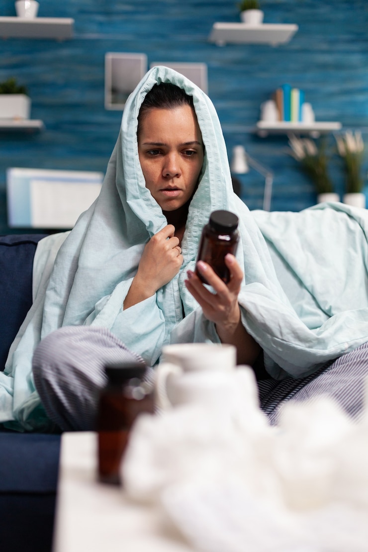 Free Photo sick woman taking medical treatment pills drugs antibiotics for illness holding jar of pharmaceutica...