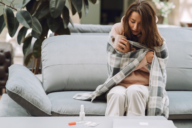 Free Photo sick woman with headache sitting at home